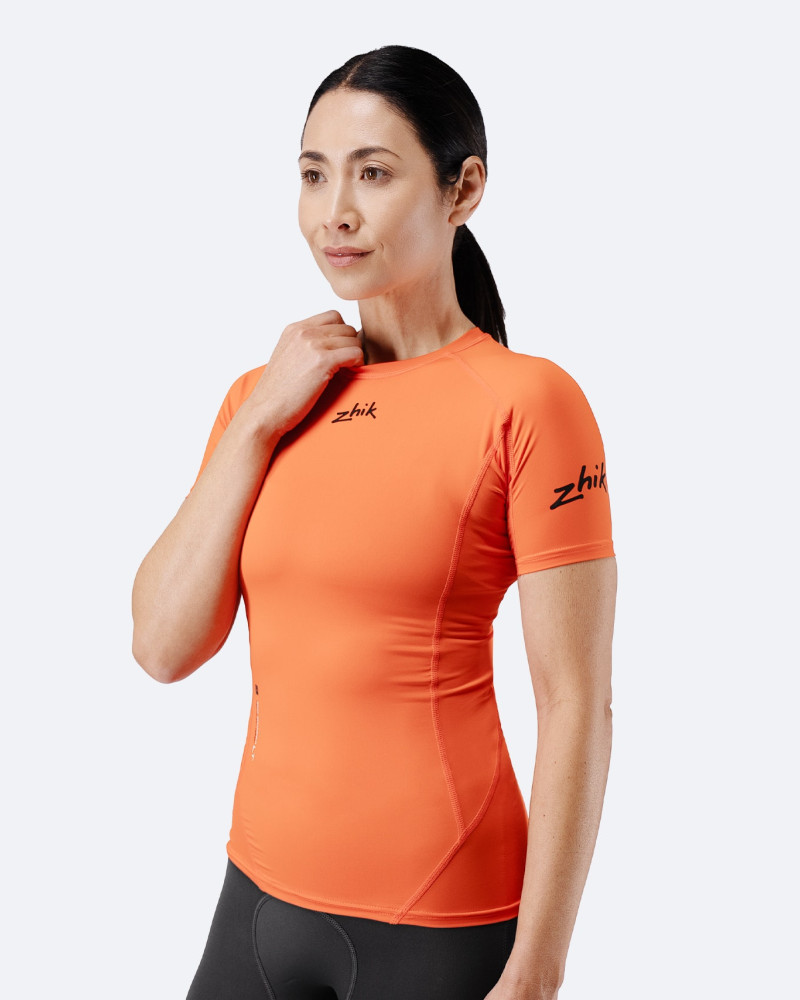 Ženski Eco Spandex LT kratki rokavi osnovni top - ognjeno rdeč